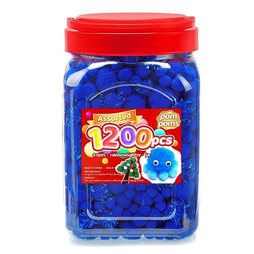 Image of Iooleem Blue Pom Poms, 1200pcs Assorted Size Pompoms,Pom Poms for Arts and Crafts, Pom Pom Balls with Wiggle Eyes in jar, Glitter Pom Poms, Craft Supplies.
