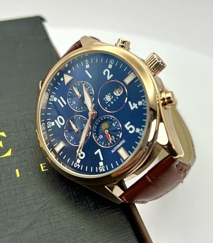 Automatic Brown Leather Strap Watches for Men with Gold Case - Mechanical Blue Dial - Luxury Watch - Analog Watches2