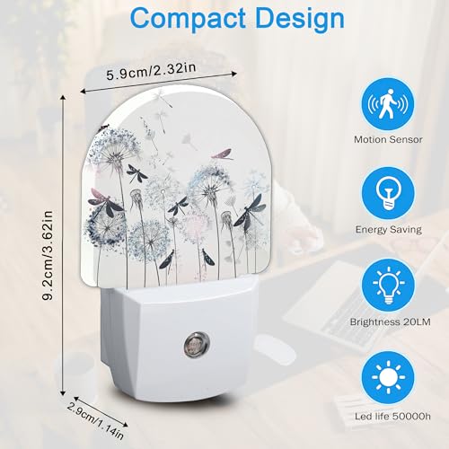 Image of Night Light,Retro Dandelions Dragonflies Night Lights Plug Into Wall Dusk to Dawn Sensor for Bedroom Bathroom and Living Room for Women /Girls Gift