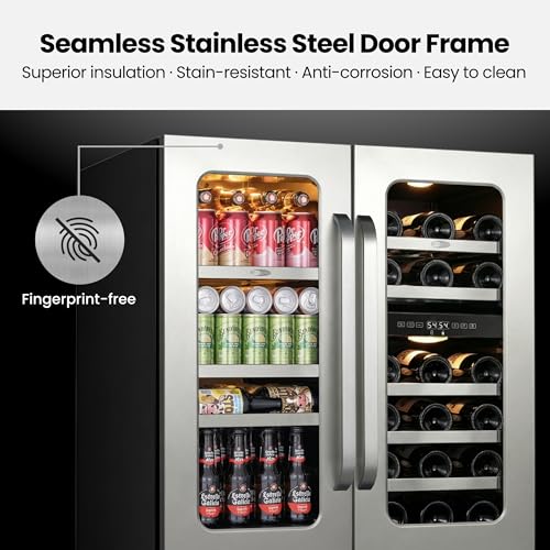 Image of Wine and Beverage Refrigerator, 30 inch Dual Zone Under Counter Wine Beverage Cooler Built-In or Freestanding Wine Fridge with Glass French Door Holds 80 Can & 29 Bottle