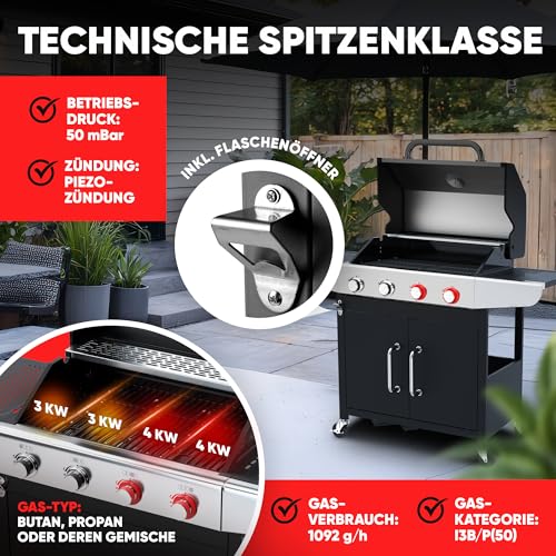 ProfiCook® Gas-grill für Temperaturen bis zu 450°C | 2 Power-Zonen | Roste aus echtem Gusseisen | Gasgrill 4 Brenner | Temperaturanzeige | Flaschenöffner | 4 Brenner | Gasgrill Balkon | PC GG 1311