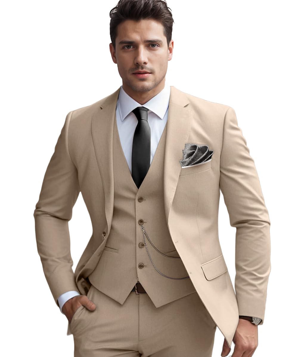 Stritra Men's Slim Fit Suit Set 3 Piece Suits for Men Regular Fit Solid Blazer for Wedding Business Prom with a Tie