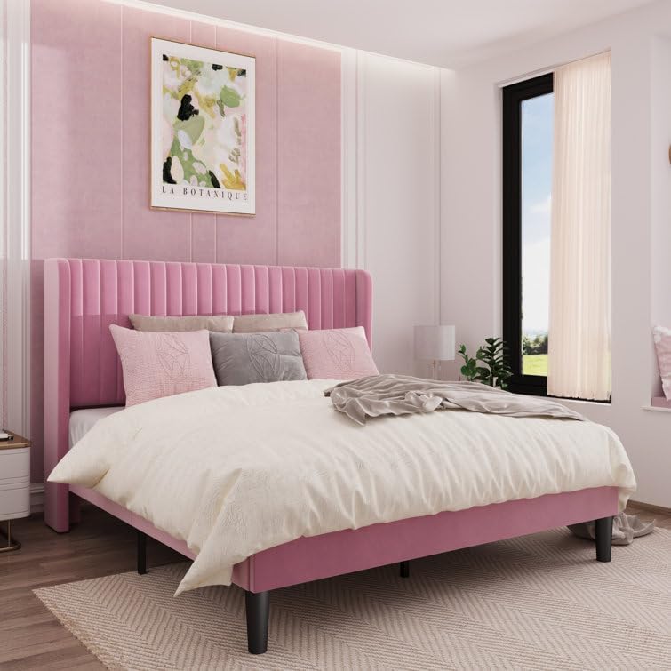 Image of HITHOS Solid Wood Modern Upholstered Queen Size Bed | Wooden Double Bed Cot Palang Furture Without Storage | Wingback Headboard (Pink)