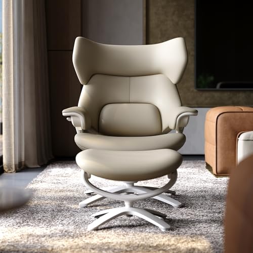 Image of TOMU Genuine Leather Reclining Swivel Chair with Adjustable Headrest and Ottoman for Living Room, Executive Office, Bedroom and Study. Real Leather Luxury Lounge Chair for Reading and Relax(White)