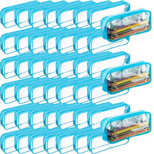 Image of Fainne 50 Pcs Clear Pencil Pouch Bulk Clear Pencil Case Bag 7.87x 1.38 Inch PVC Waterproof Travel Toiletry Makeup Zipper Pouches for Office Stationery Travel Storage(Blue)