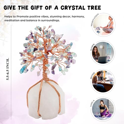 Image of Fluorite Crystal Tree of Life Natural Quartz Stone Base 5-6 inch Spiritual | Gemstone for mediataion Feng Shui Home Decor Chakra, Copper Wire Money Bonsai, Healing Stones, Luck Charm Gift For women