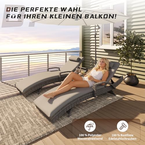 Image of UDPATIO Polyrattan Sun Lounger, 5-Way Adjustable Backrest, Garden Lounger, Weatherproof Rattan Lounger with Cushion and Pillow for Garden, Balcony and Patio, Mottled Grey & Grey Covers