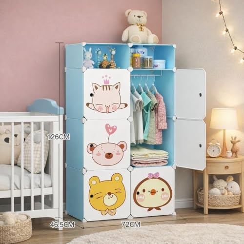 Image of Kids Plastic Modular Wardrobe Storage Cabinet | DIY Clothes Organizer Closet for Children | Multi-Compartment Foldable Storage Cupboard with Hanging Space | Pink Cartoon Design