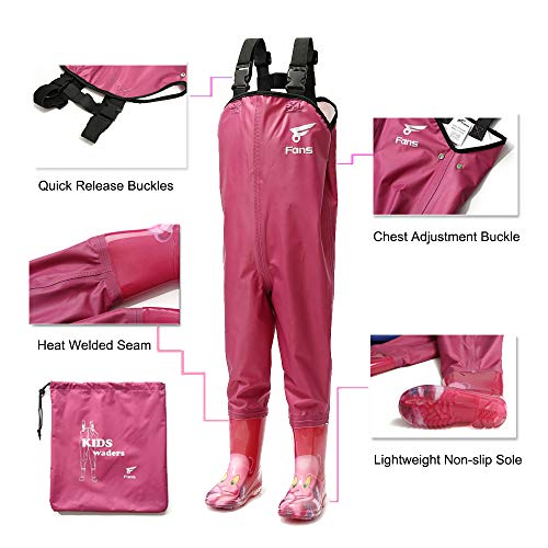 8 Fans Kid's Chest Waders,Waterproof Bootfoot Lightweight Hip Waders,2-ply Nylon PVC Fishing Hunting Kayaking Children's Waders with Boots for Boys,Girls（Pink 3#）