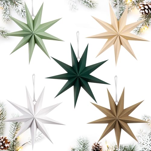 Image of SUNBEAUTY Sage Green 9-Pointed 12 Inch Paper Star Lanterns Christmas Hanging Lamp Paper Decorations Shade Wedding Birthday Christmas Home Party Decorations