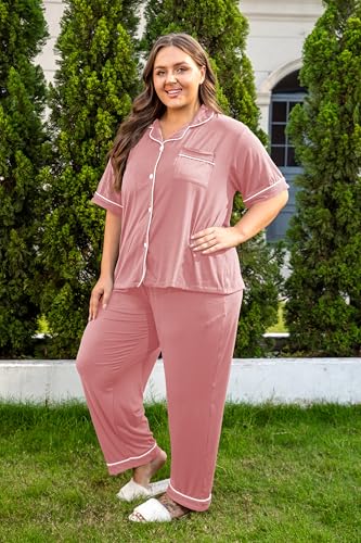 Image of Vozanet Women's Plus Size Pajamas Button Down Shirt and Pants Soft Lounge Sets Bride Nighty Bottom with Pockets 1x to 5x