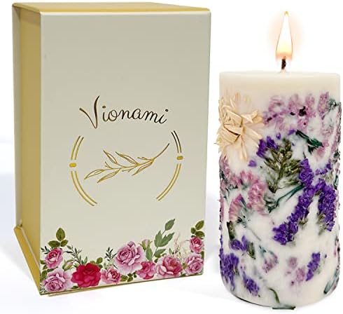 Vionami Aloha Kiwi Passionfruit Scented Pillar Candle with Dried Flowers - Long Burning Natural Soy Wax Scented Candle for Home - Gift-Boxed Hand Poured Luxury Candle with Paper Core Wick (Forget Me)