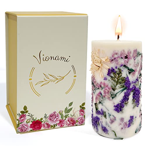 Vionami Aloha Kiwi Passionfruit Scented Pillar Candle With Dried Flowers - Long Burning Natural Soy Wax Scented Candle For Home - Gift-Boxed Hand Poured Luxury Candle With Paper Core Wick (Forget Me) #TOP20