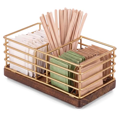 Geelin Sugar Packet Holder Sugar Caddy Farmhouse Metal Tea Bag Organizer Stirrers Straws Small Condiments Packet Container for Coffee Bar Kitchen Office Home 5.7 x 3.1 x 2.4(Rustic Gold)