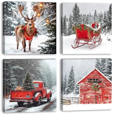 Framed Christmas Wall Art Set of 4, Christmas Wall Decor with Winter ...