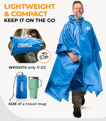 Image of Foxelli Rain Poncho for Adults - Extra Long Reusable Waterproof Raincoat with Hood, Lightweight for Hiking, Camping, Outdoors