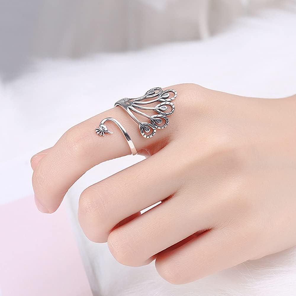 NewZenro Peacock Statement Wrap Open Rings for Women Dainty 925 Sterling Silver Adjustable Delicate Flower Animal Vintage Ring Jewelry Gifts Bff Birthday - Image 6