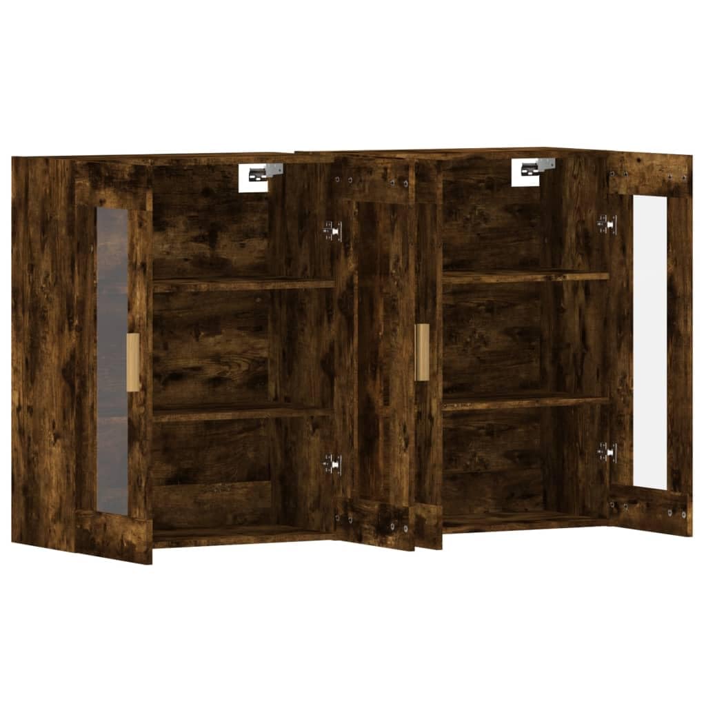 Armadietti a Parete 2 pz Rovere Fumo Legno Multistrato e Vetro | Set da 2 pensili con anta in vetro trasparente per organizzare stoviglie e oggetti in soggiorno o cucina.