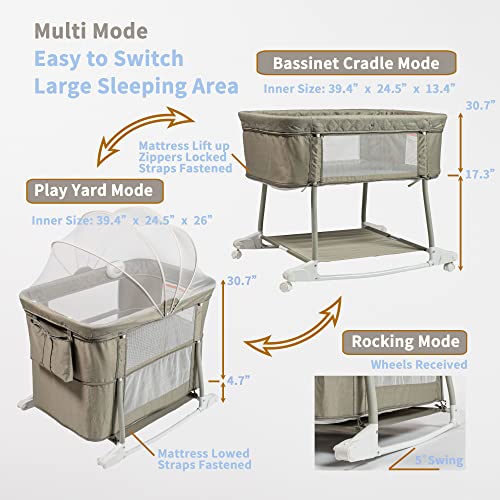 Image of Multi Function Baby Crib Bedside Sleeper Newborn Rocking Bassinet for Infant and Toddler with Wheel Base Portable and Adjustable(Light Grey)