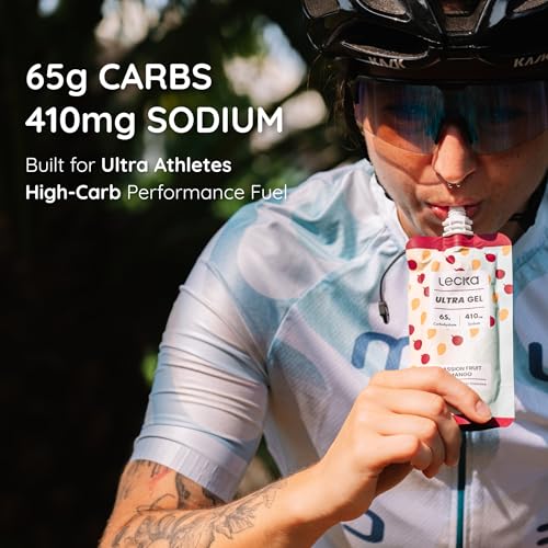 Image of Lecka Ultra Gel Passion Fruit Mango - 65g Carbs per Pouch - High-Carb Real Fruit Running Fuel, Resealable Spout, No Maltodextrin, Vegan - Ultra Endurance (4 Pack)