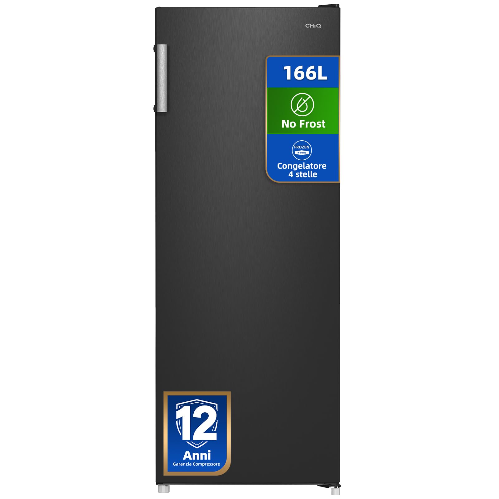 CHiQ FSD166NE4E 166L Congelatore Verticale No Frost 166L | Porte reversibili, 42 dB silenzioso, 12 anni garanzia compressore, acciaio nero, 2 ripiani+3 cassetti
