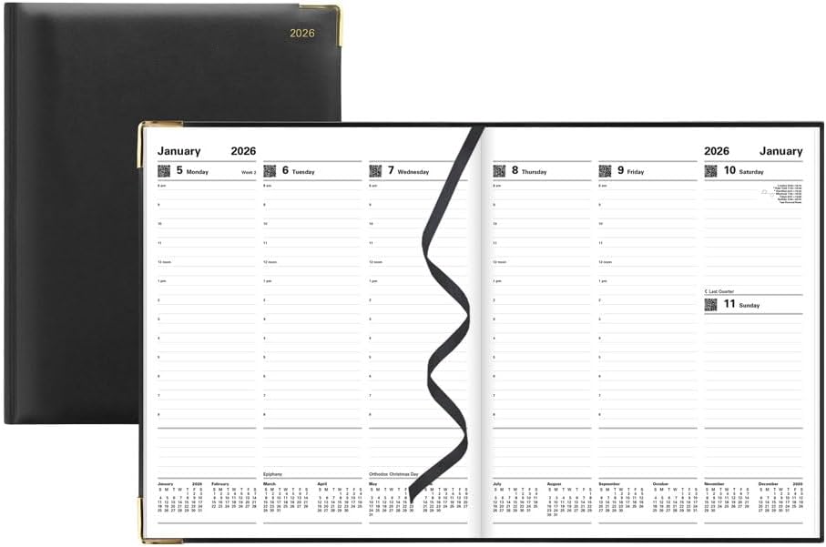 Letts of London® 2026 Classic Weekly Appointment Book and Planner, 12 Months, January to December, Gold Corners, Quarto Size, 10.25" x 8.25", English, Black (C32YIBK-26)