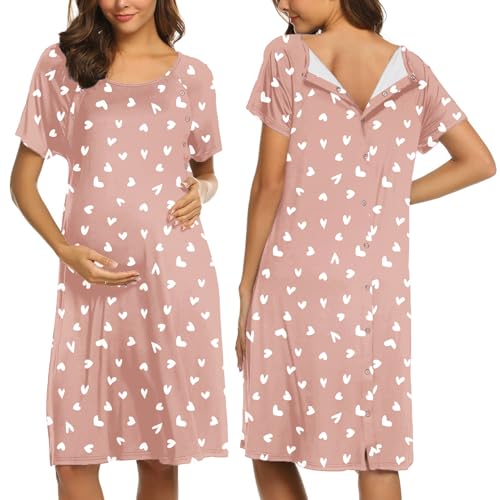 Image of Ekouaer Women’s Nursing/Delivery/Labor/Hospital Nightdress Short Sleeve Maternity Nightgown with Button S-XXL