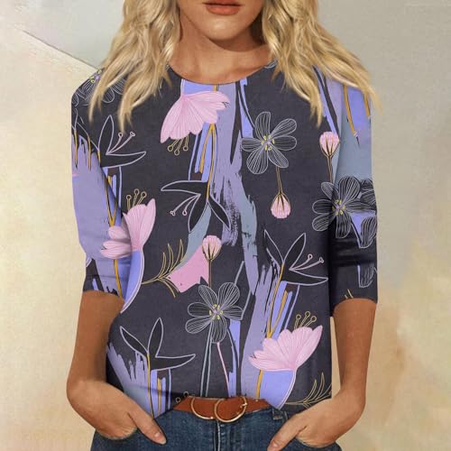 HTHLVMD Womens 3/4 Length Sleeve Tops 2025 Fall Fashion Floral Print Crewneck Causal Trendy Tunic Tops for Women