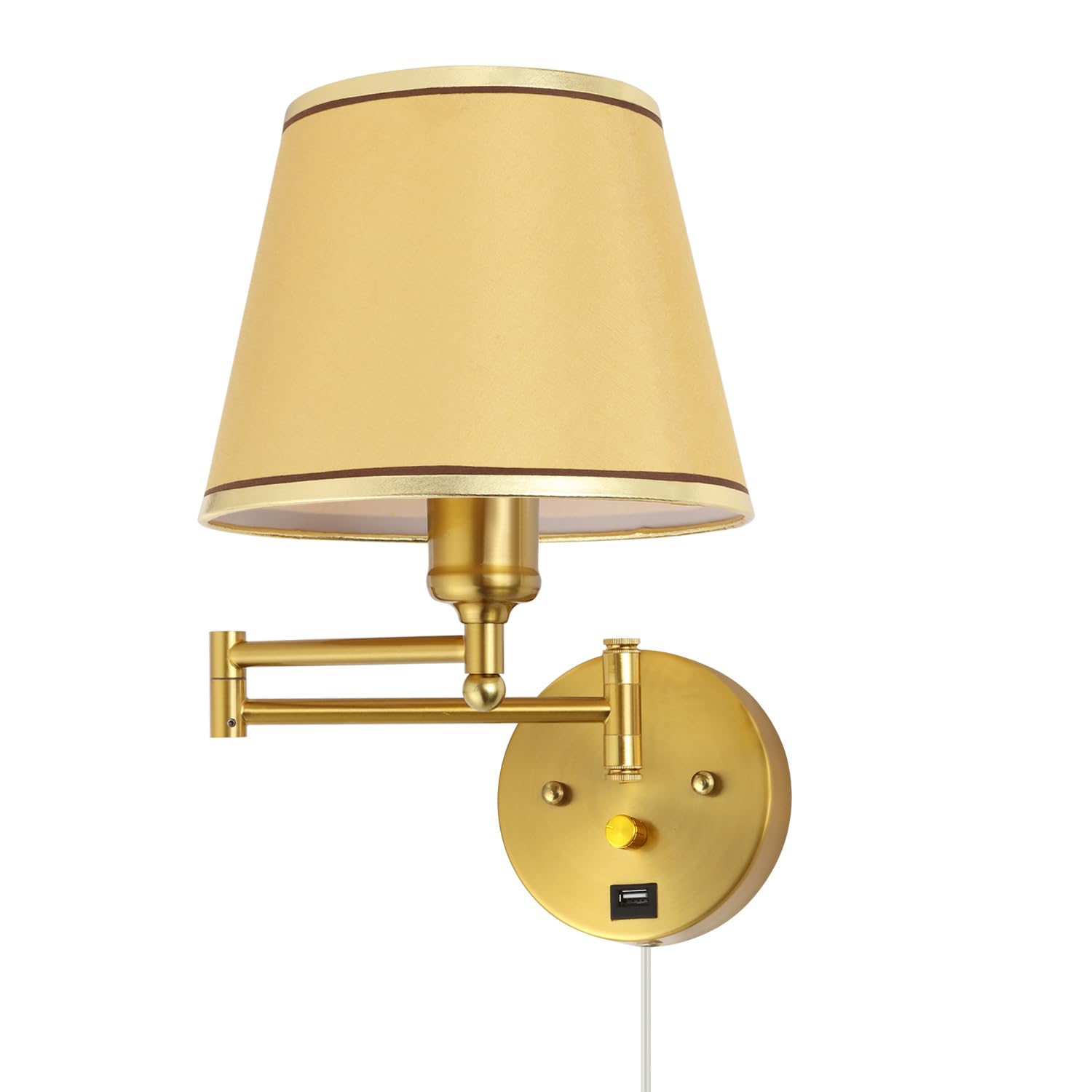 Plug-in Wall Sconce Swing Arm 1-Light Wall Mount Lamp with USB Charging Port Wall Sconce Lighting with Dimmable On Off Switch Gold Fabric Shade Brass Wall Lamp Light Fixture