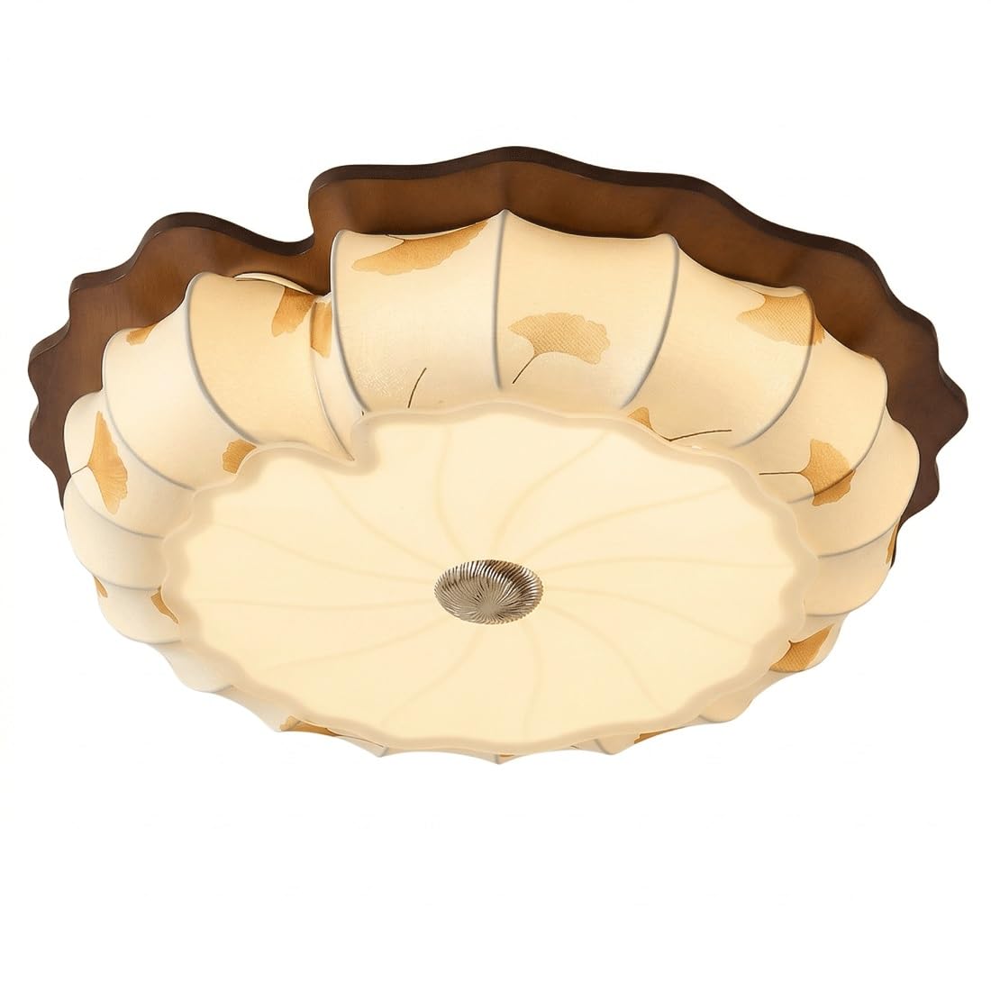 IvyLoutish Japanese Aesthetic Style Ceiling Light, Elegant Ginkgo Leaf Pattern Fabric Shade, Sophisticated Petal Silhouette, Walnut Wood Grain Texture, Warm Ambient Atmosphere Lighting for Master