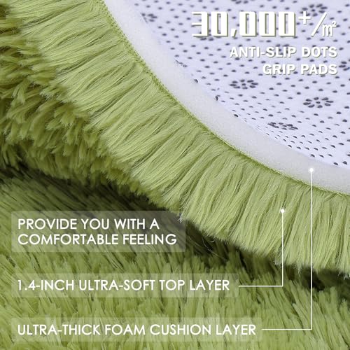 OLANLY Grass Green Round Rugs for Bedroom - Machine Washable, 4 ft Circle Area Rugs for Living Room, Soft and Fluffy Shaggy Carpet for Teen Girls and Boys, Nursery Rooms, Dorms, Home Decor Aesthetic