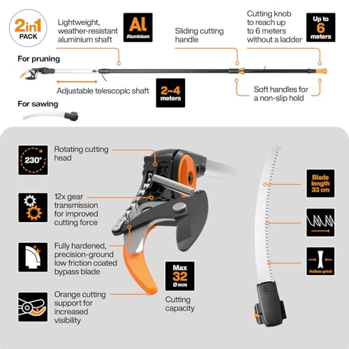 Fiskars Schneidgiraffen-Set, 2-teilig, Bypass Teleskop-Schneidgiraffe UPX86 (Länge 2,4 – 4 m) und Baumsäge für Bypass Teleskop-Schneidgiraffe UPX86 und UPX82 (Länge: 46 cm), 1077330