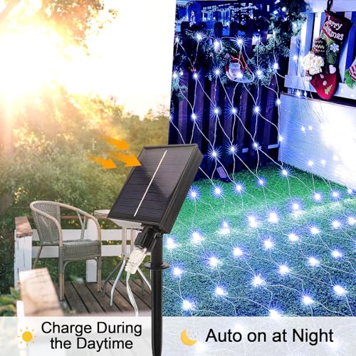 WoskjXas Solar LED Net Lights, 198 LED Mesh Fairy Lights, 8 Modes, 6.6 Ft x 9.8 Ft Garden Net Curtain Light, Remote Control - Image 3