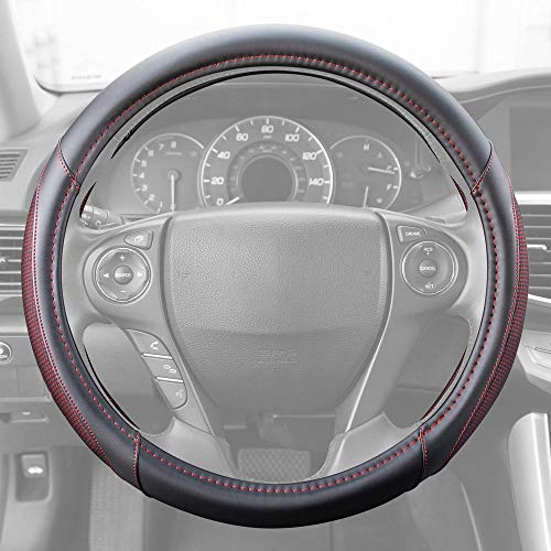Image of Motor Trend Wine Steering Wheel Cover - Dotted Comfort Polyester Grip on Stitched Synthetic Leather, Wine Stitching /Black