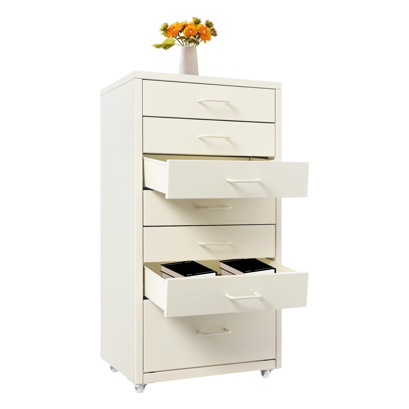 Mobiler Aktenschrank, Rollcontainer mit 7 Schubladen Metall-Nachttisch Schubladenschrank Rollschrank Nachttische Gesamtbelastbarkeit 3-5 kg für Wohnzimmer 35x26x69 cm (Beige)