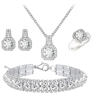4pcs Cubic Zirconia Wedding Jewelry Sets for Bride Bridesmaid Cubic Zirconia Pendant Necklace Earrings Link Tennis Bracelet Open Ring Set for Women