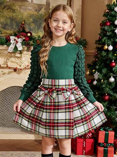 Image of Noubeau Toddler Girls Plaid Outfits Girls Puff Sleeve Knit Ribbed Shirt Tops Plaid Skirt Set Kids Fall Winter Clothes