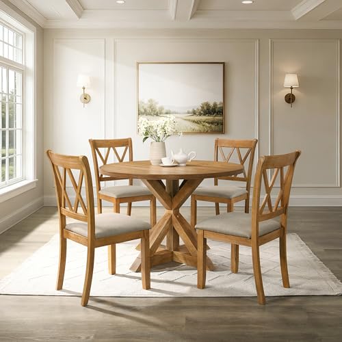 Roundhill Furniture Windvale Cross-Buck Wood 5-Piece Dining Set, Brown