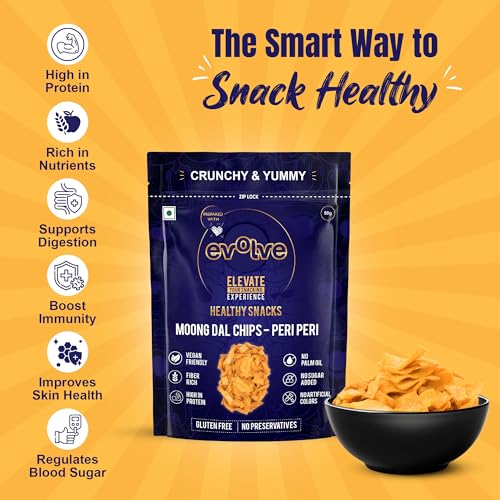 Image of Evolve Moong Dal Chips Healthy Snack for Adults | No Palm Oil, Gluten-Free & Preservative-Free, No Artificial Color or Sugar | Wholesome & Crunchy Snack | Peri Peri Flavor - 50g