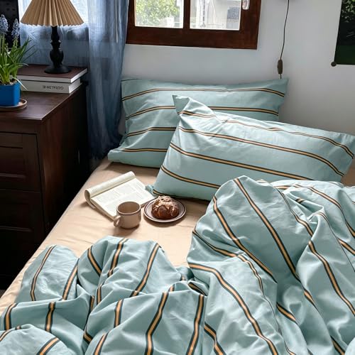 Image of mixinni Retro Mint Blue Striped Duvet Cover Set - 100% Natural Cotton 3-Piece Vintage Stripes Pattern Printed Bedding Set, Soft Breathable Comforter Cover with Zipper Closure & Corner Ties, Twin Size