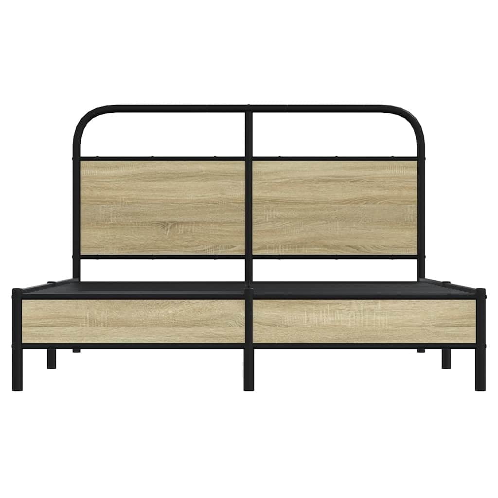 Estructura de cama de metal de 120 x 200 cm, sin colchón, cabecero de roble Sonoma, diseño moderno, marco de acero, somier de láminas de 27 cm de altura, para dormitorio y habitación de