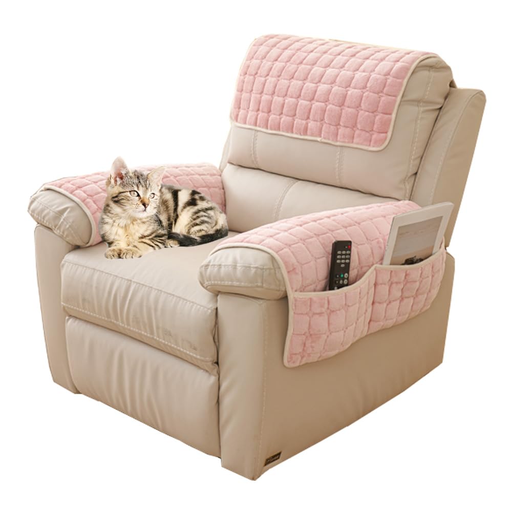 Sofa Armrest Cover, Nonslip Armchair Cover for Arms Headrest, Sofa Slipcover with Side Pocket Furniture Protector for Pets Leather Sofa Couch (Pink, 1 Seat Recliner)