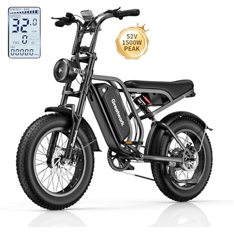 HELLOMOTO Electric Bike for Adults 52V 1500W Peak Electric Dirt Bike with 20" Fat Tire, Max 32MPH Electric Motorcycle 50-80 Miles Moped Style Ebike for Snow, Mountains, Road (Black) Cover