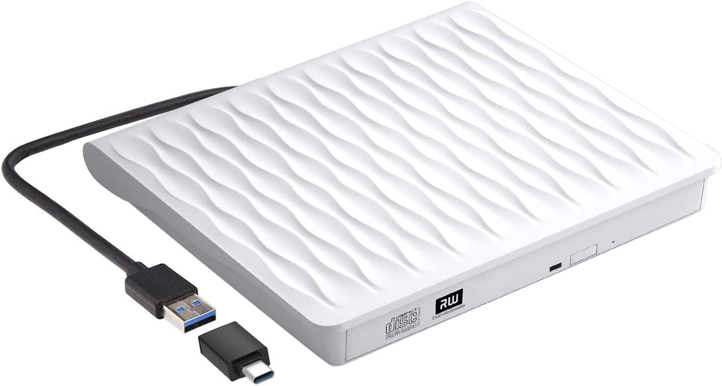DANGZW External DVD Drive for Laptop, USB 3.0 USB C Portable DVD-RW/CD-RW Player, Reader Writer Optical Drive CD Burner for Mac MacBook Pro Air PC Windows, White