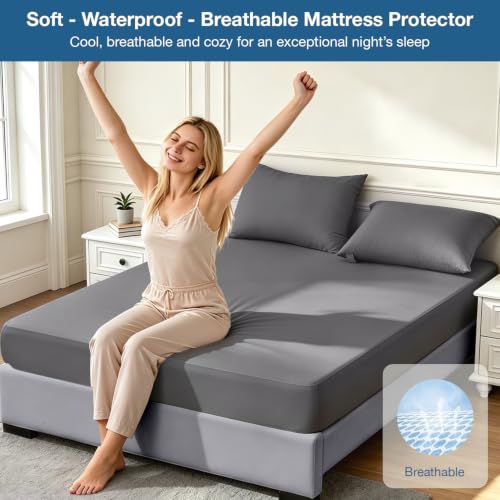 Image of Safe and Sound Mattress Protector, Premium 100% Waterproof Mattress Cover, Noiseless Breathable Soft, Fitted Deep Pocket 8-21'' Bed Cover Gray Twin 2PACK