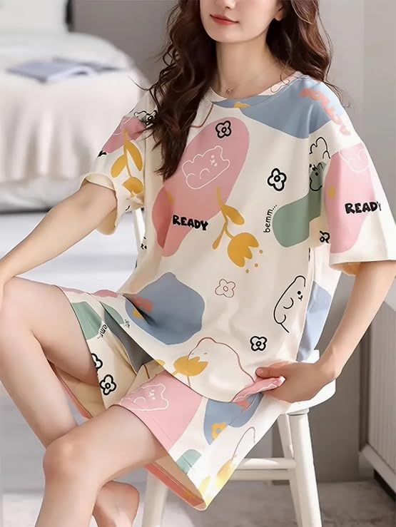 Image of Lunza Women's Cotton Blend Pajama Set, Short Sleeve T-Shirt and Shorts, Cute Bear Print Nightwear