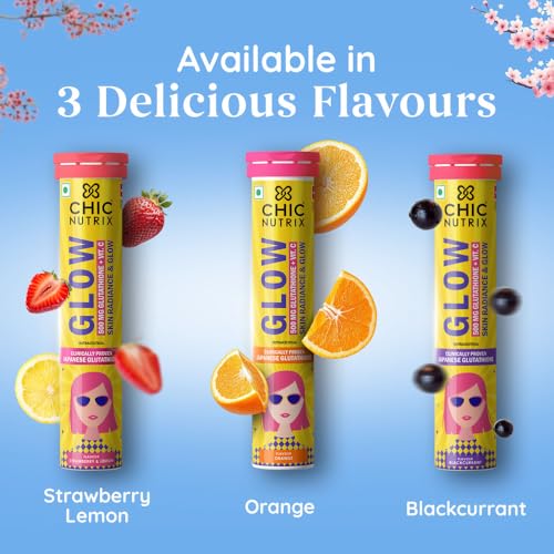 Image of Chicnutrix Glow- 40 Effervescent Tablets| Japanese Glutathione & Vit. C| Antioxidants for clear, glowing skin| Sugar-free, Orange & Strawberry Lemon Flavor