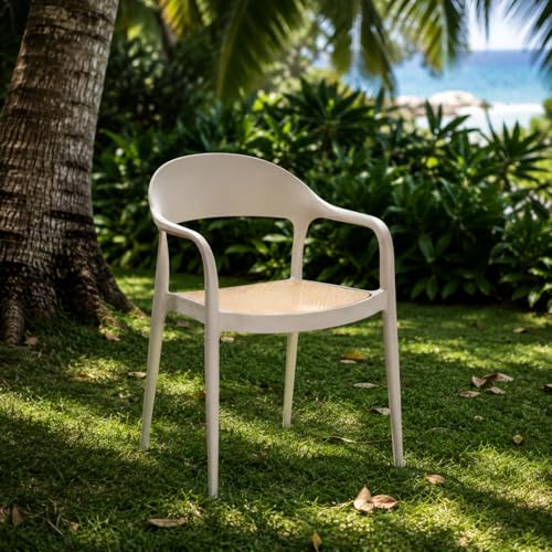 Image of Rattan Style Outdoor Chair | Set of 1 Grey Plastic Arm Chair for Garden, Balcony, Patio & Cafe | Lightweight Weather Resistant Seating | 3 Year Manufacturing Warranty