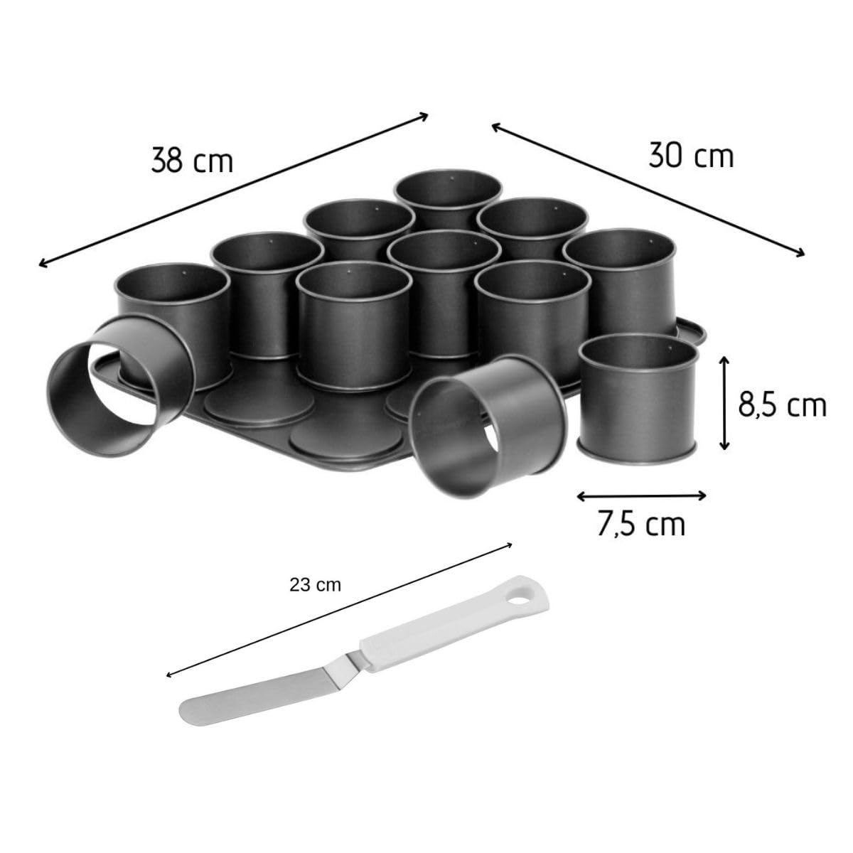 Zenker 9926850 Backblech mit 12 runden Mini-Backformen und Eisspatel, 12 Mini-Flanform mit Spatel, 12 kleine hohe Kuchenformen, Backblech, Stahl, Kunststoff, 38 x 30 cm und 23 cm
