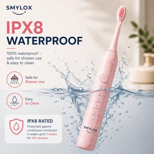 Image of Smylox Go Rechargeable Electric Toothbrush for Adults | 2 Brush Heads | 5 Cleaning Modes | 120-Day Battery Life | 2-Min Smart Timer with QuadPacer | IPX8 Waterproof | USB-C Fast Charging, 1-Y Warranty